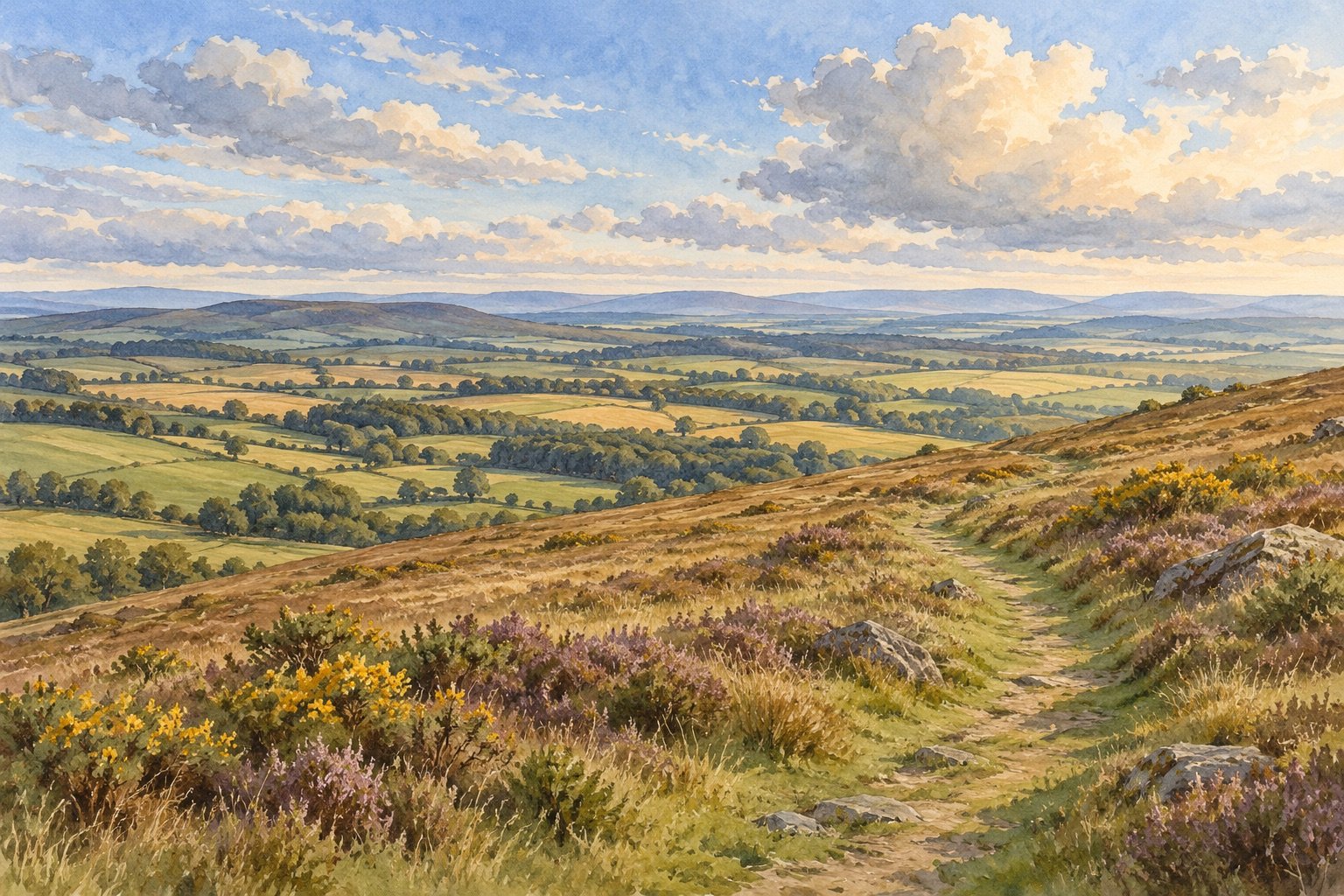 Original watercolour illustration of a grassy hillside path overlooking Perthshire farmland.