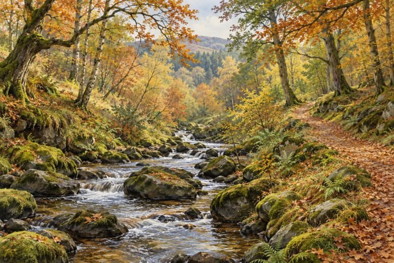 Original illustration of an autumn woodland path beside a rocky burn, inspired by the glens around Alyth.