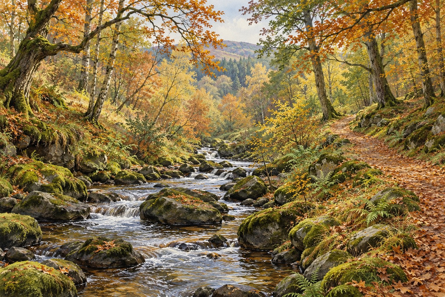 Original illustration of an autumn woodland path beside a rocky burn, inspired by the glens around Alyth.